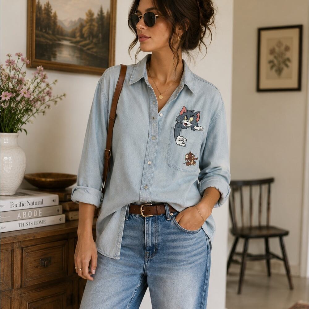 Tom & Jerry Vintage Retro Cartoon Size L Warner Bros Denim Shirt